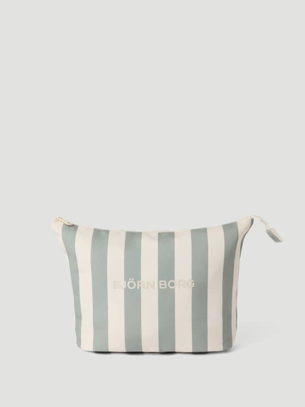 Vue de face de la trousse de toilette Borg Beach Wash Bag en Slate Gray (Vert) à rayures avec logo blanc cassé.