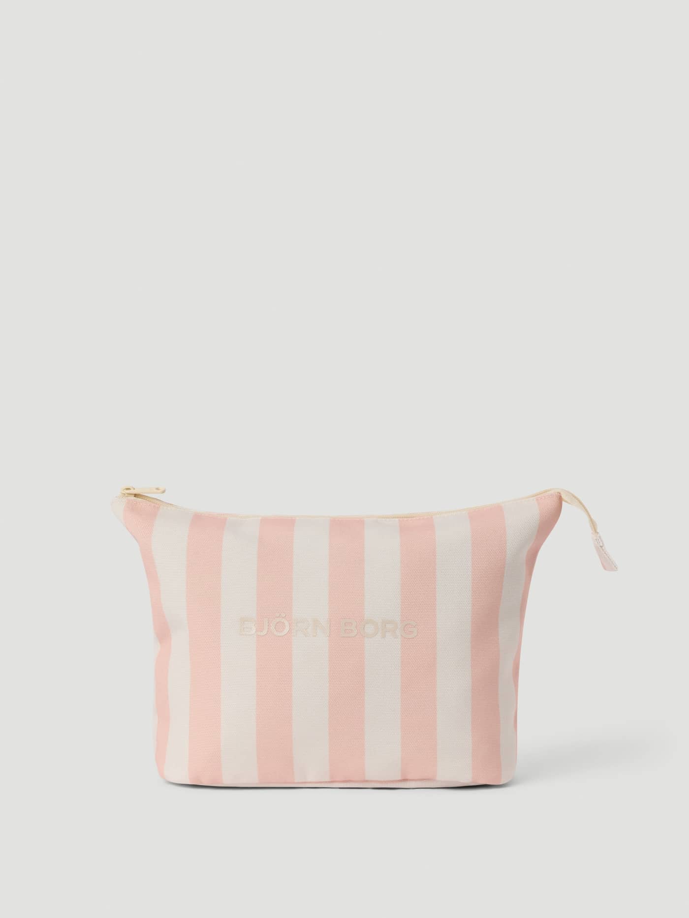 Neceser Borg Beach Wash Bag en Rose Cloud (Rosa) con rayas, logotipo crema y resistente poliéster reciclado. - Image 1