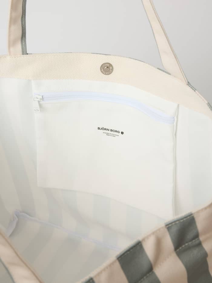 Interior view of the Borg Beach Tote M - 27L in Slate Gray (Green) with a striped pattern, zip pocket, and black logo.