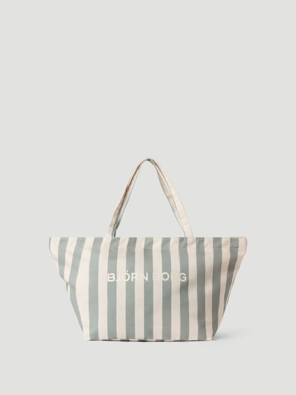 Vue de face du Borg Beach Tote M - 27L en Slate Gray (Vert) à rayures verticales blanches et logo blanc.