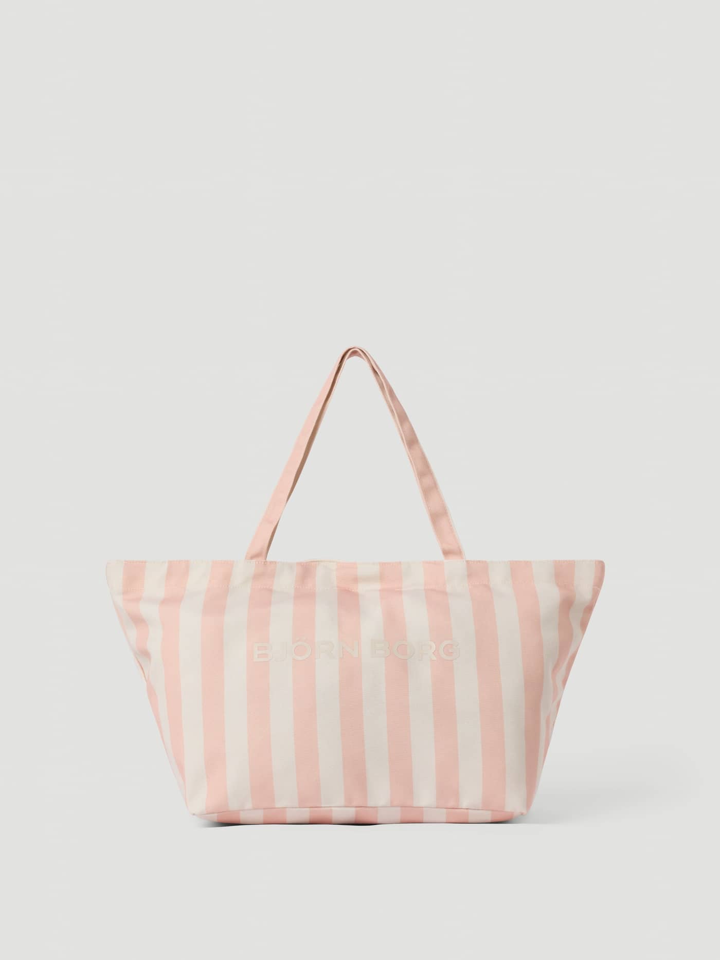 Borg Beach Tote M - 27L in Rose Cloud (Pink) featuring a recycled polyester stripe pattern and a white logo on the front. - Image 1