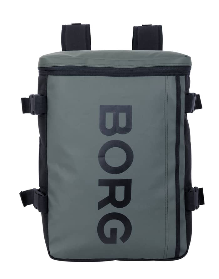 Travel Backpack M - 22L in Mountain View (Green) with a black vertical BORG print, side buckles, and TPE coating.