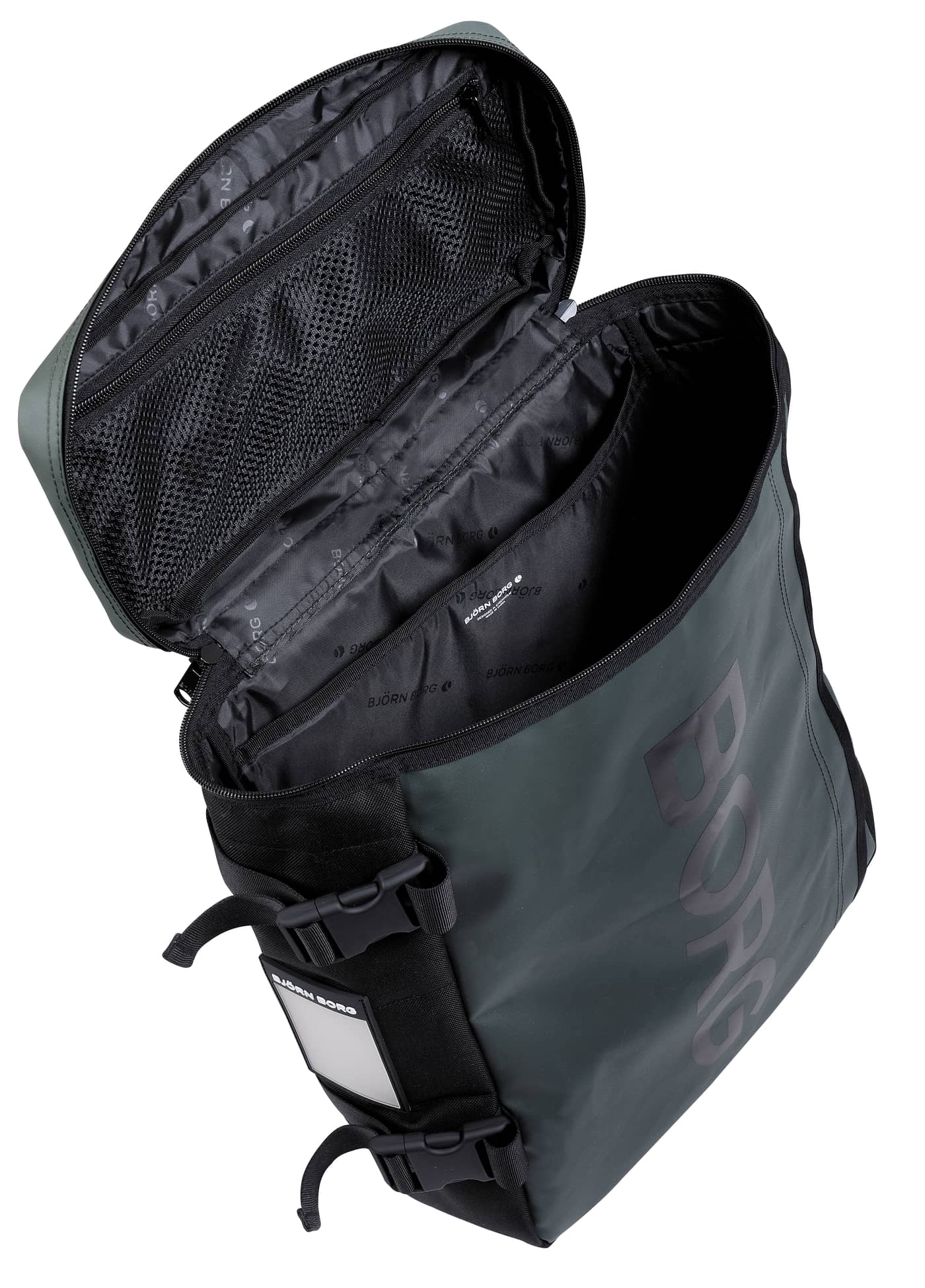 Travel Backpack M - 22L in Mountain View (Green) showing the suitcase opening, internal mesh pocket, and laptop sleeve. - Image 4
