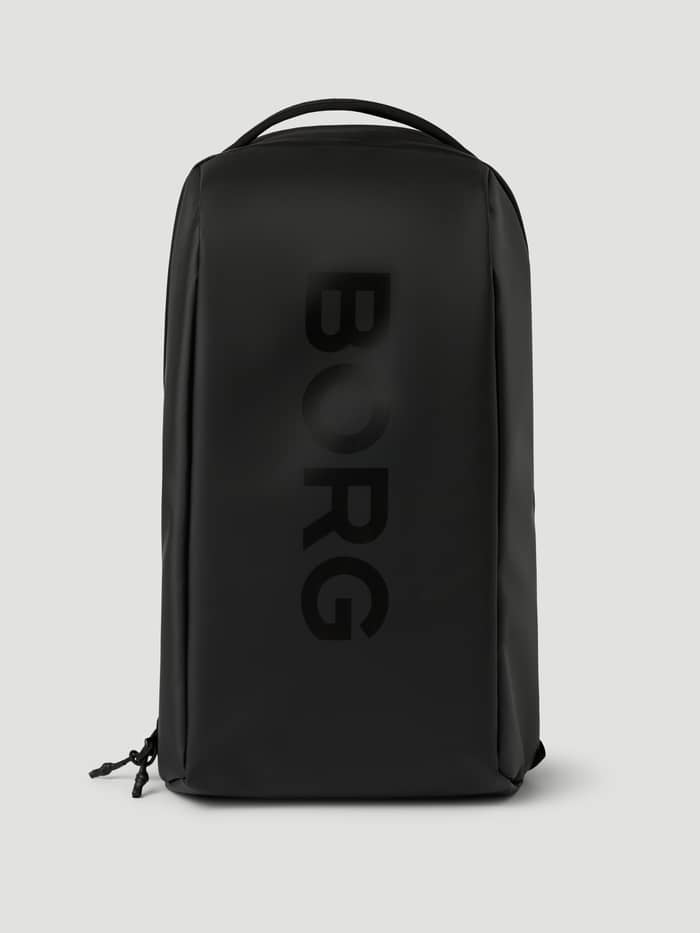 Front view of the Travel City Backpack 30L in Black Beauty (Black) with a large black logo and TPE-coated material.