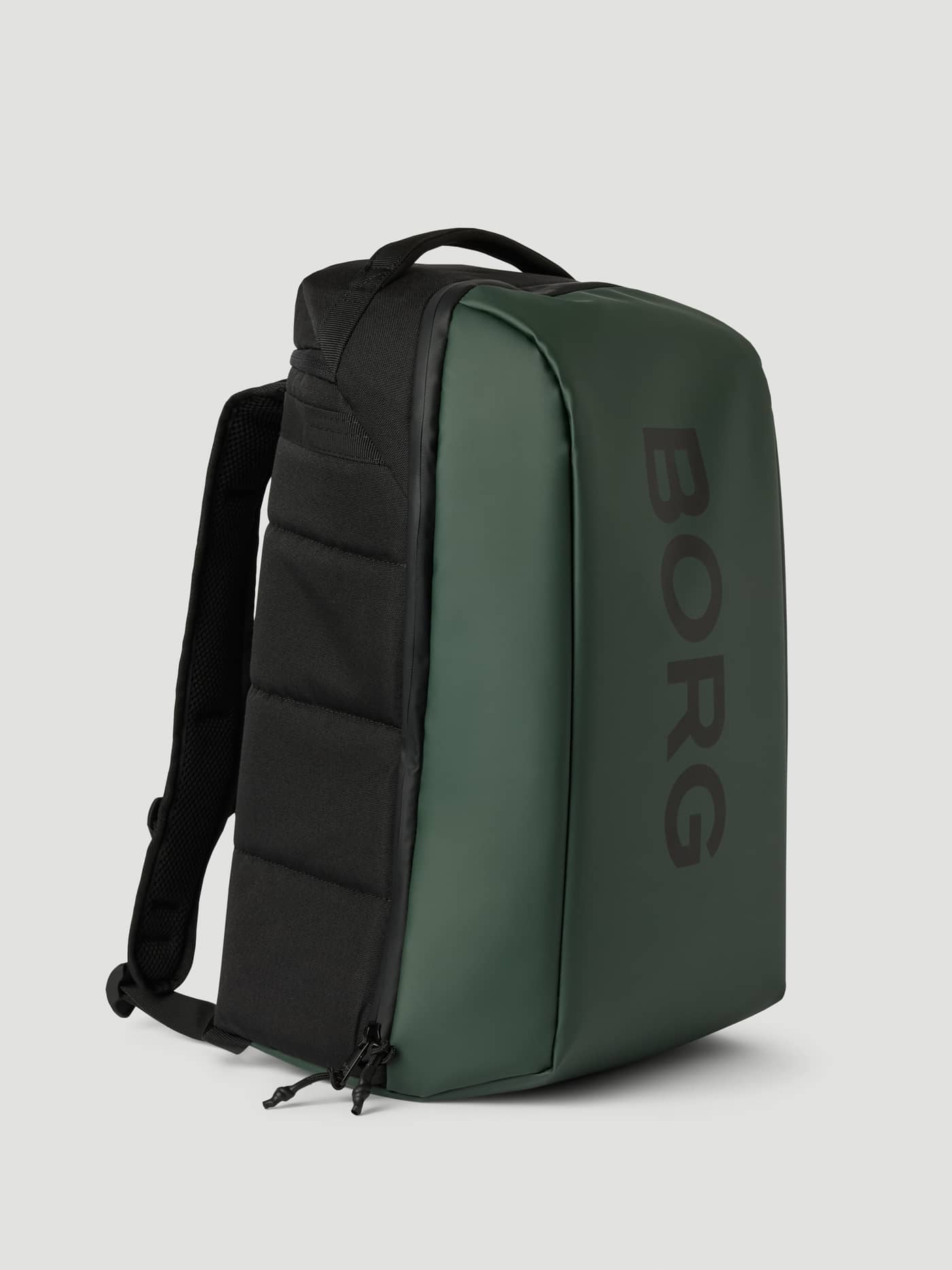 Side view of the Björn Borg Travel City Backpack 30L in Mountain View (Green) with a black logo and TPE-coated polyester. - Image 2