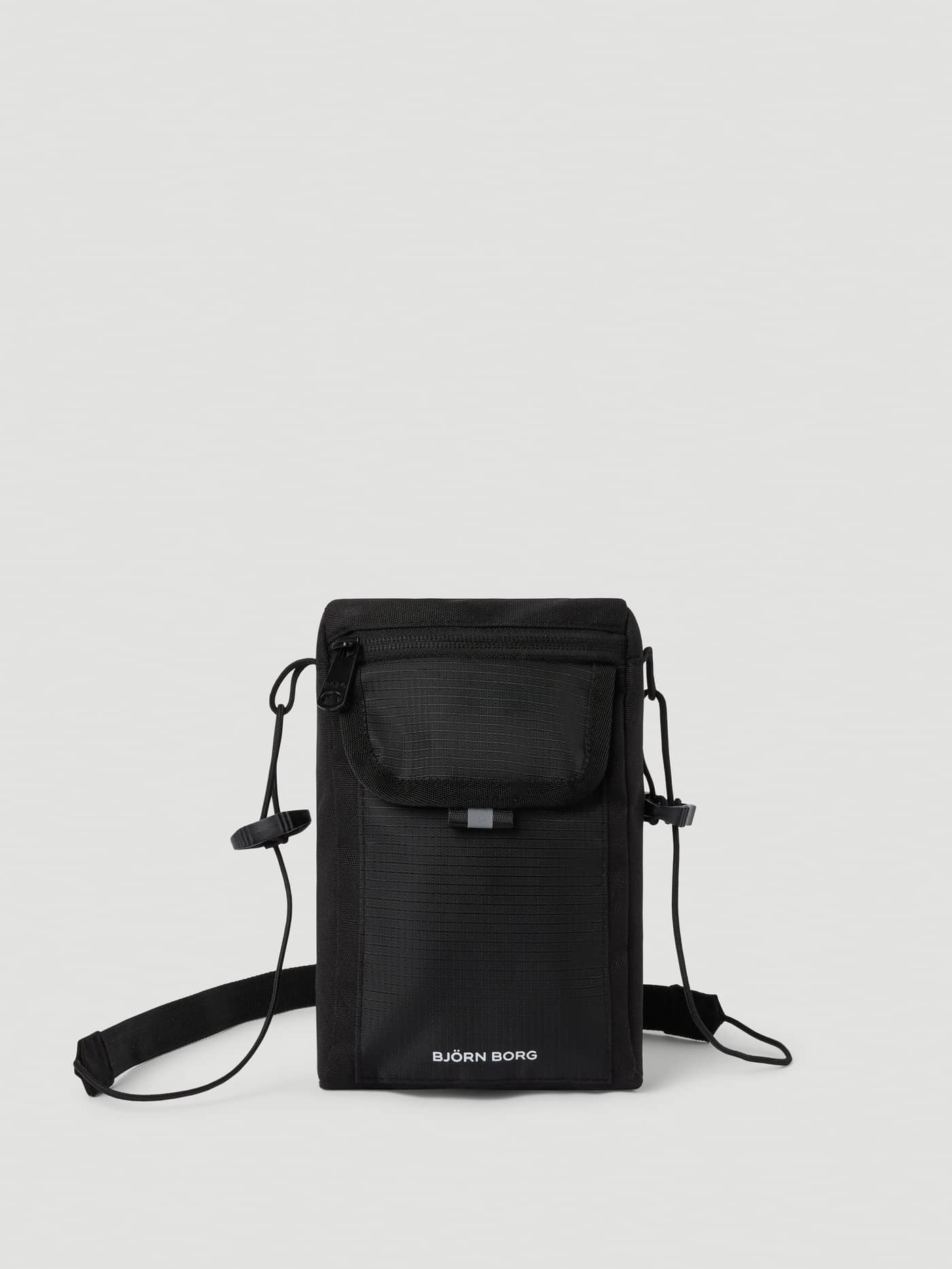 Front view of the Borg Crossover Bag S in Black Beauty (Black), a durable recycled polyester bag featuring a white logo. - Image 1