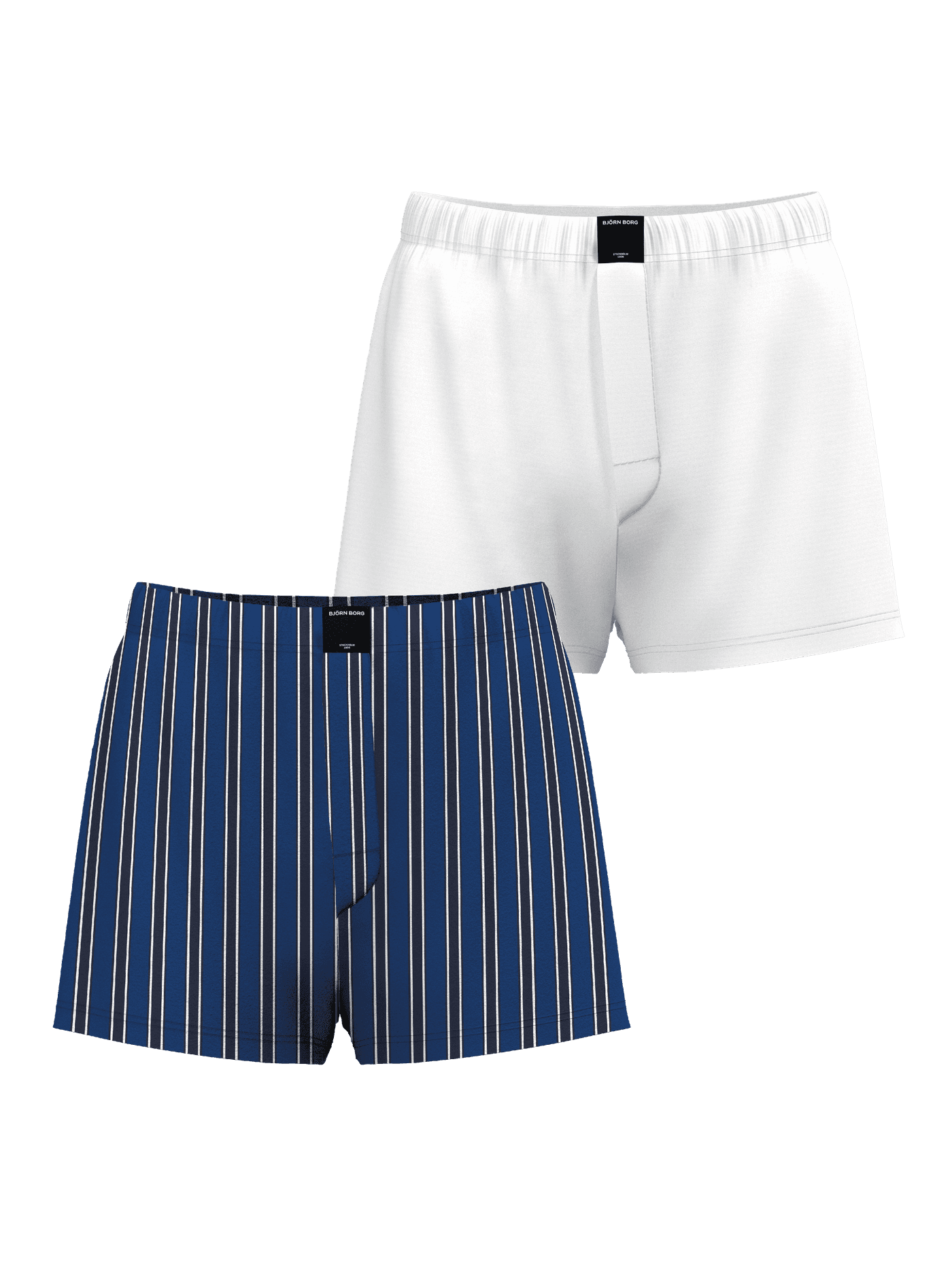 Cotton Stretch Woven Boxer Shorts 2-pack blancs et à rayures bleues avec taille souple et étiquettes logo noires. - Image 1