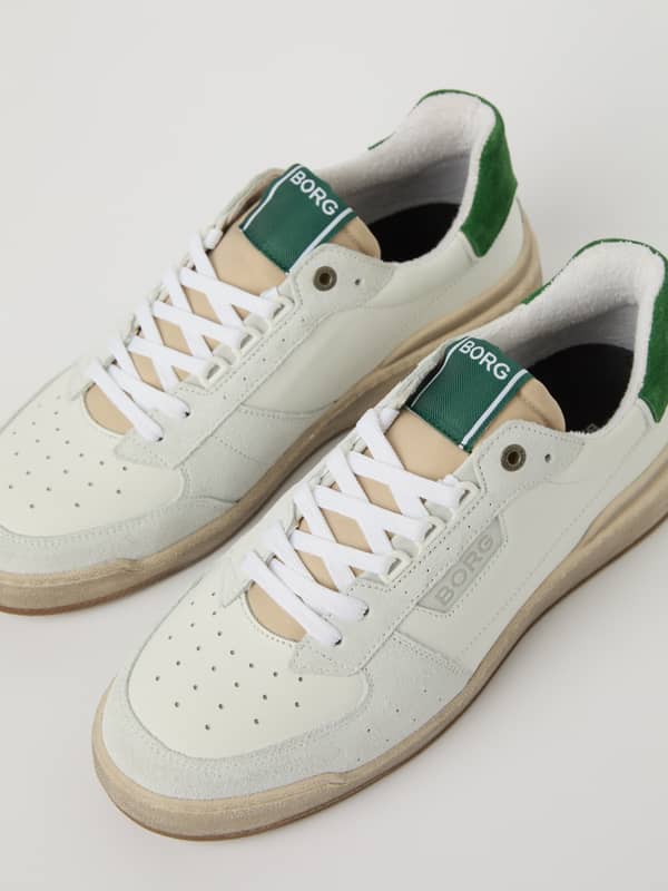 Men’s Baseline Sneakers en cuir et nylon Blanc avec bout perforé et talon vert pour un style tennis.