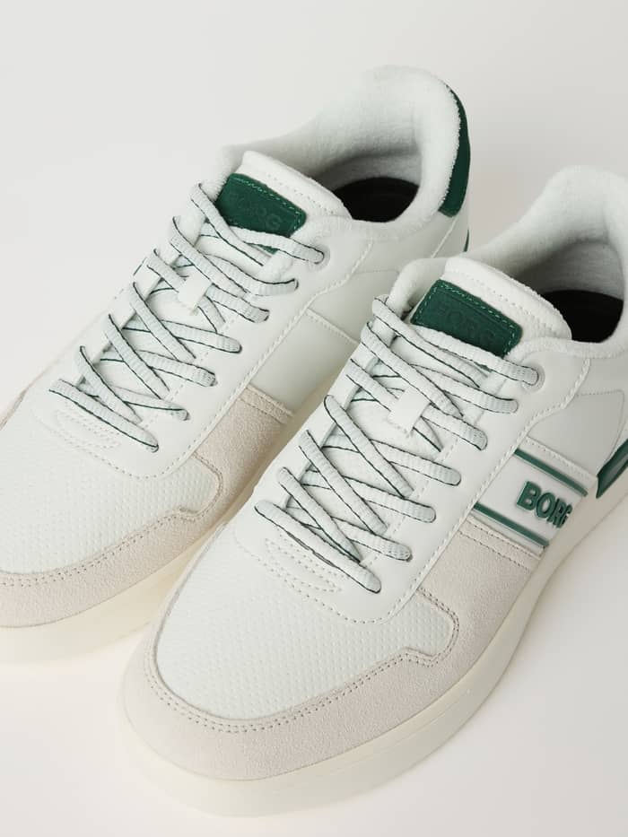 Witte Men’s Leather Sneakers T2900 met groene logodetails en een tennis-geïnspireerd design in bovenaanzicht. - Image 2