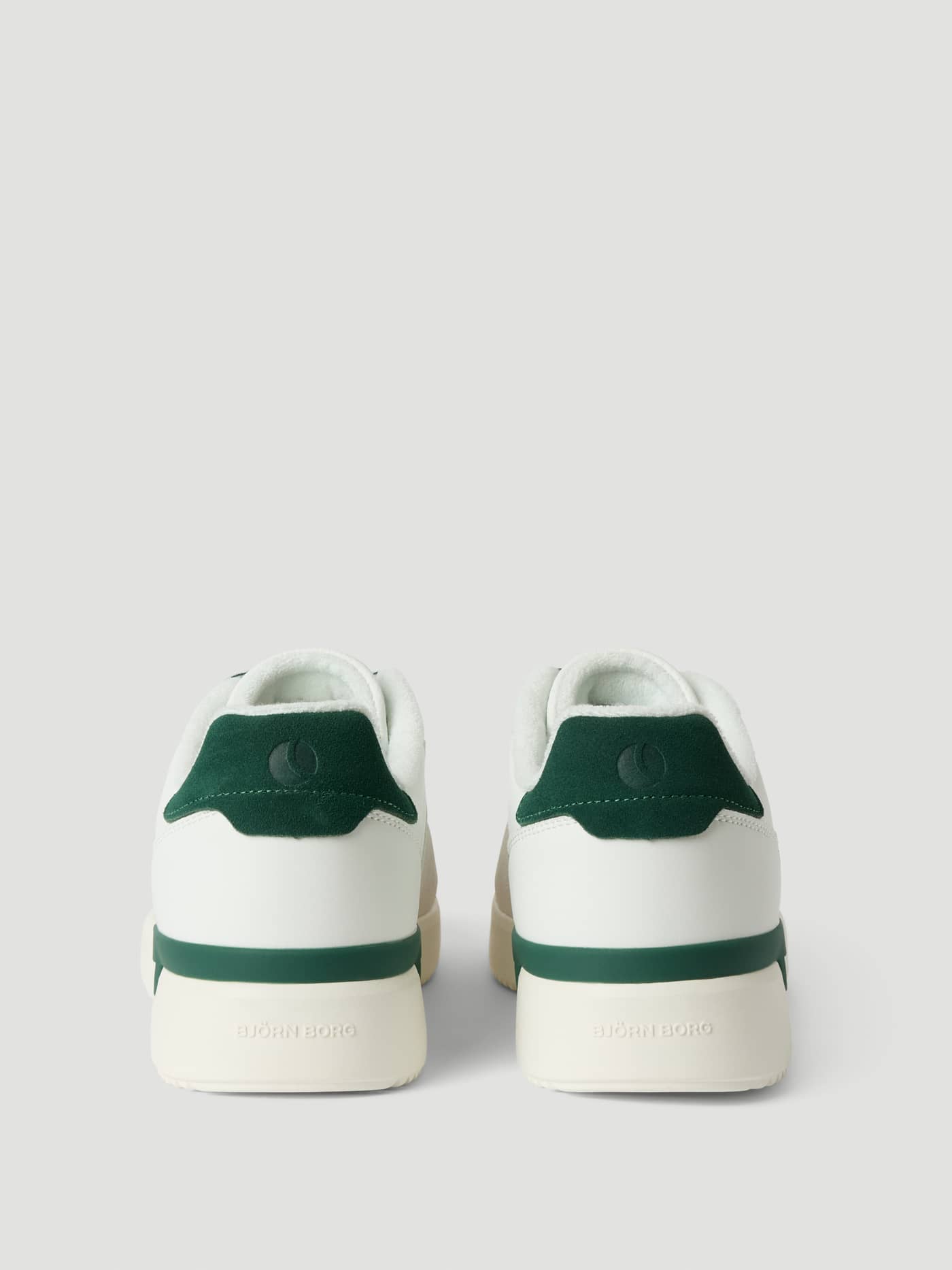 Back view of the white Men’s Leather Sneakers T2900 with dark green heel tabs and embossed logos for classic tennis style. - Image 3