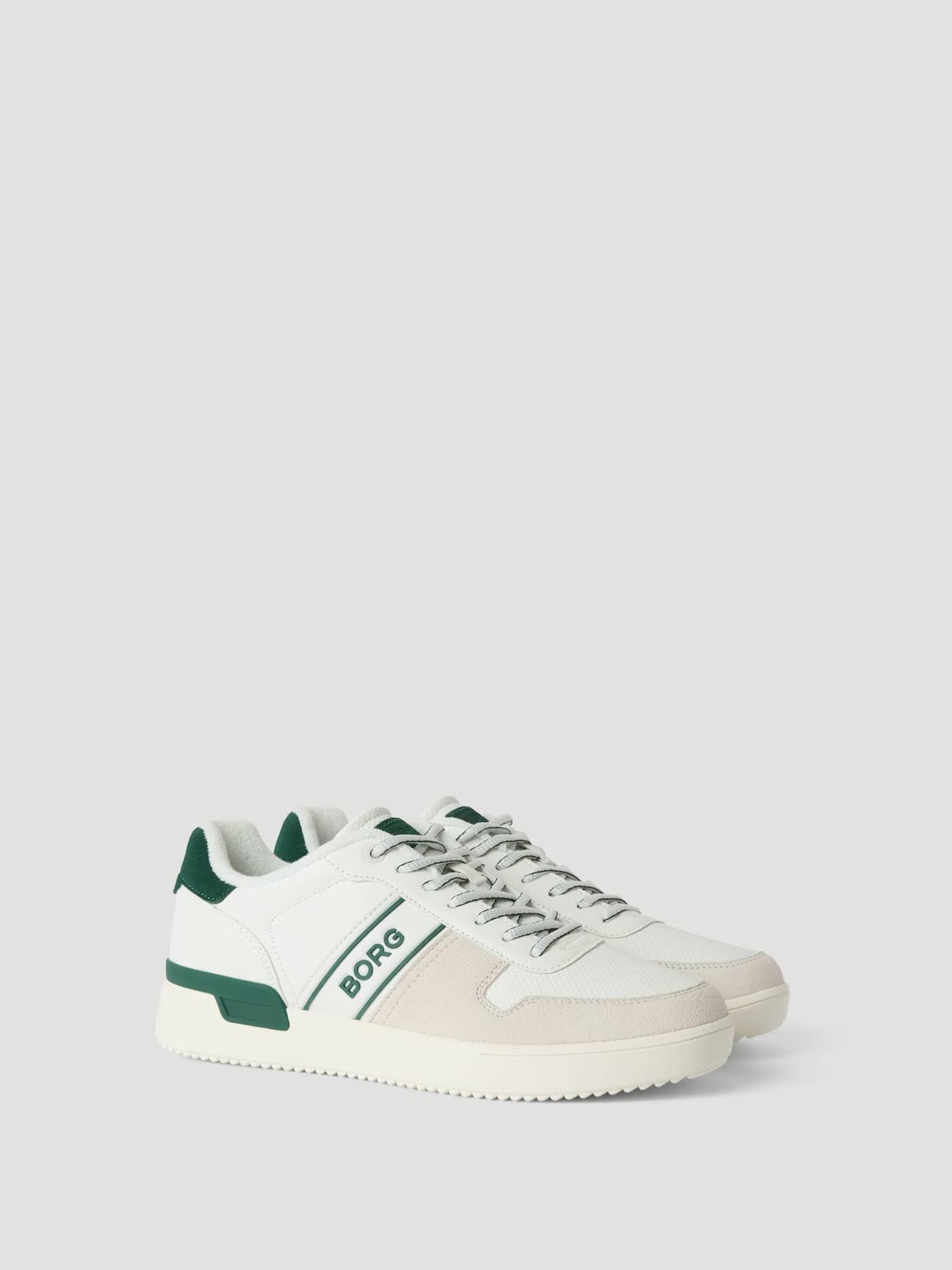 White Men’s Leather Sneakers T2900 in a low-top tennis style with dark green details and a side BORG logo. - Image 1