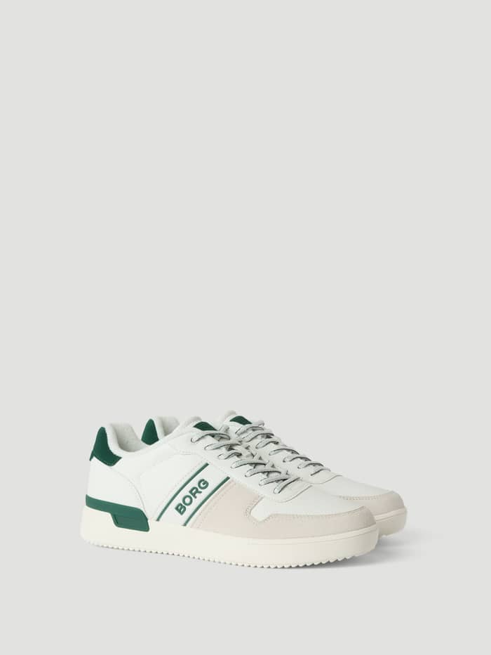 Men’s Leather Sneakers T2900 in Wit in een lage tennisstijl met donkergroene details en een BORG-logo aan de zijkant.