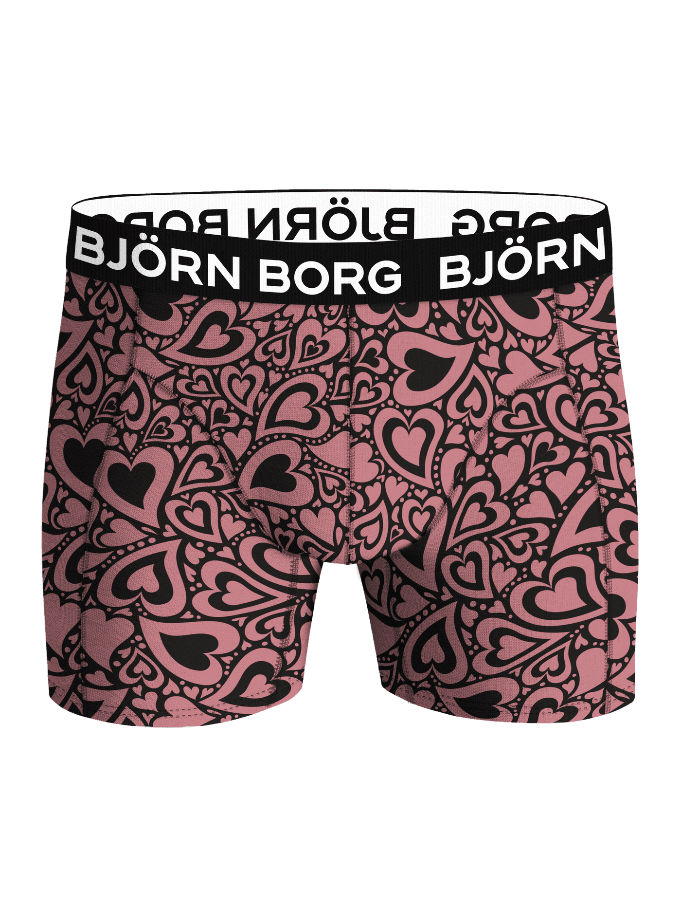 Front view of the Björn Borg Microfiber Boxers in Red, these boxer briefs feature a heart print and black logo waistband. - Image 1