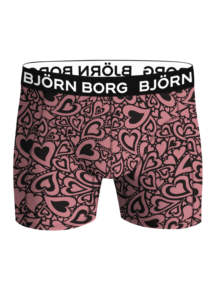 Front view of the Björn Borg Microfiber Boxers in Red, these boxer briefs feature a heart print and black logo waistband.