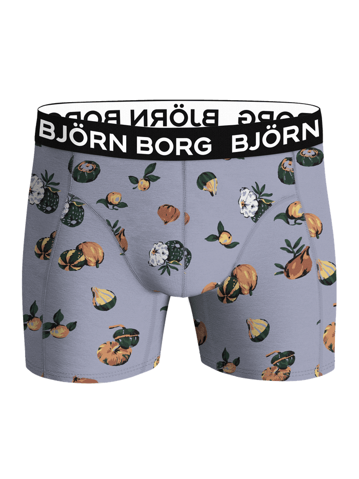 Microfiber Boxers in a purple print with orange and green pumpkins, a black logo waistband and functional boxer briefs fit.