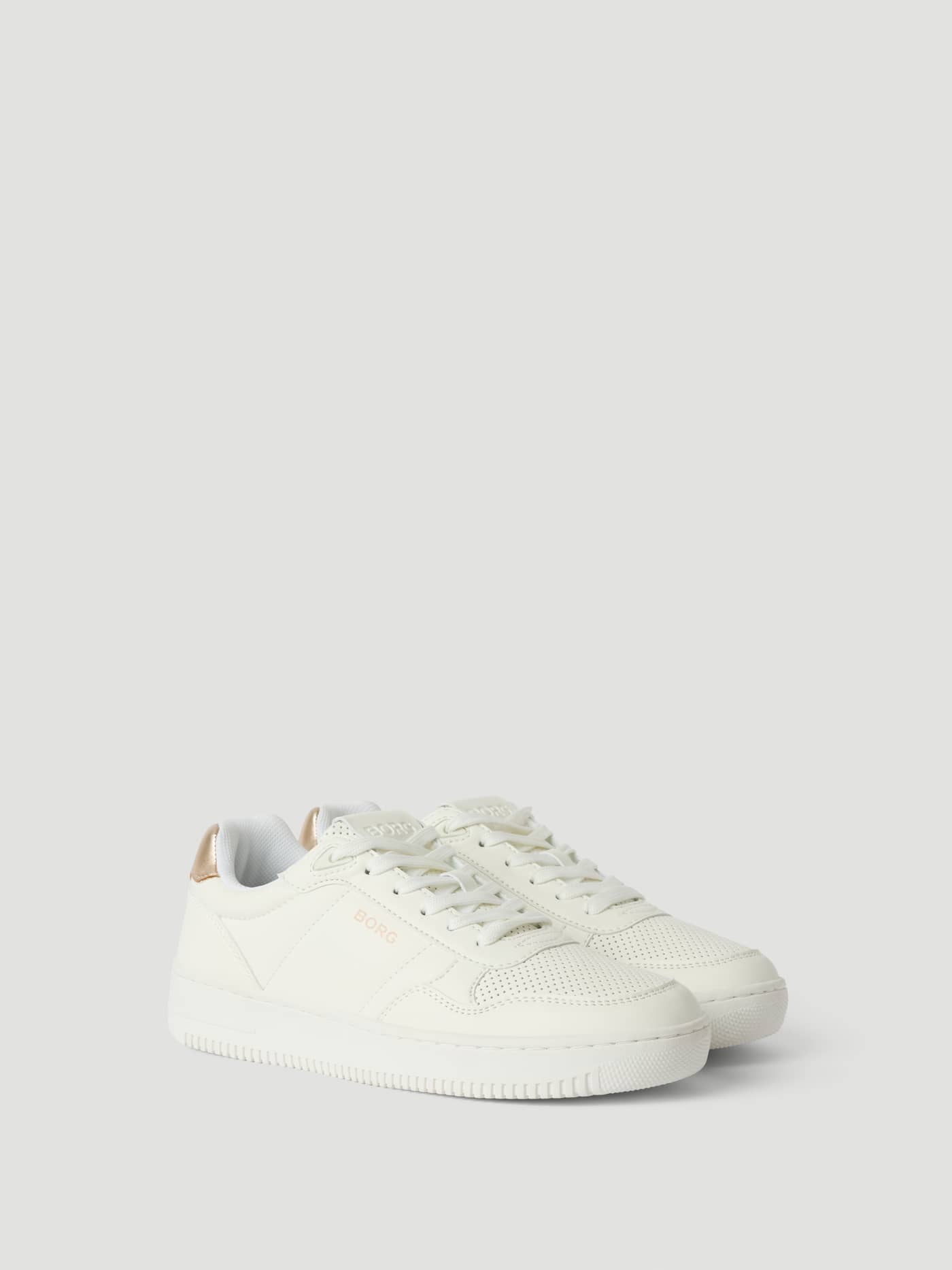 Women’s Sneakers T2020 blanc en cuir synthétique avec logo or rose, talon métallique et coupe tennis confortable. - Image 1