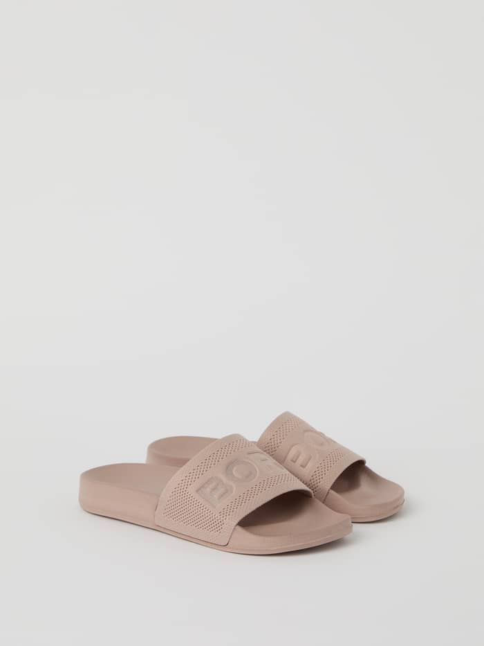 Pink Womens Sandal Knox Knit featuring a soft knitted upper with a large Borg logo for a stylish and comfortable fit.