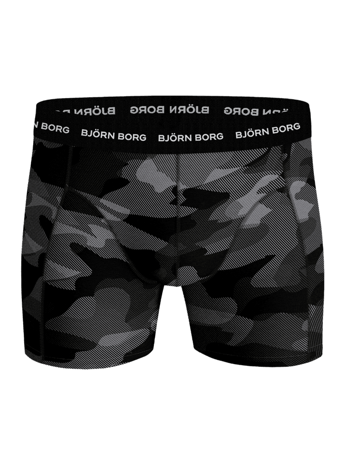 Vue de face du Cotton Stretch Boxers 3-pack à imprimé camouflage gris et noir avec ceinture à logo blanc. - Image 4