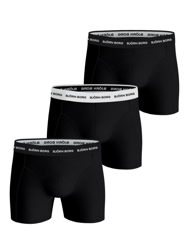 Front view of the Björn Borg Cotton Stretch Boxer 3-pack in Black, with soft cotton boxer briefs and white logo waistbands. - Image 1