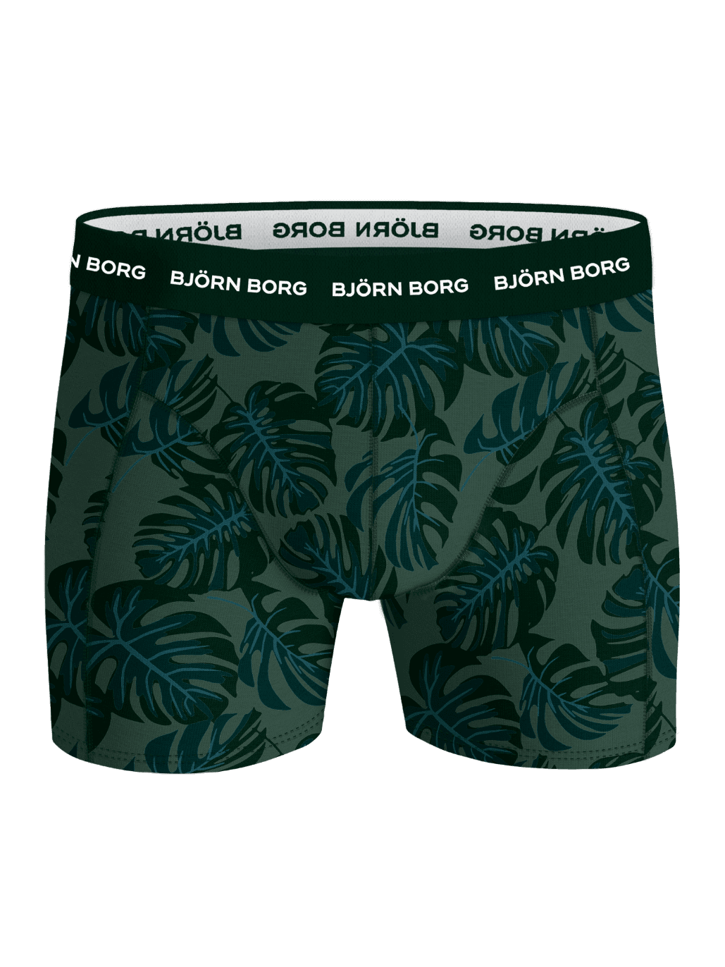 Cotton Stretch Boxers 3-pack for menn i grønt og svart bladprint med hvit logo på linningen, sett forfra. - Image 4