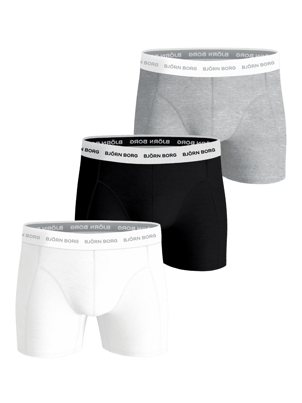 Björn Borg Cotton Stretch Boxers 3-pack in wit, zwart en melange van katoen stretch met een contrasterende logo-elastiek. - Image 1