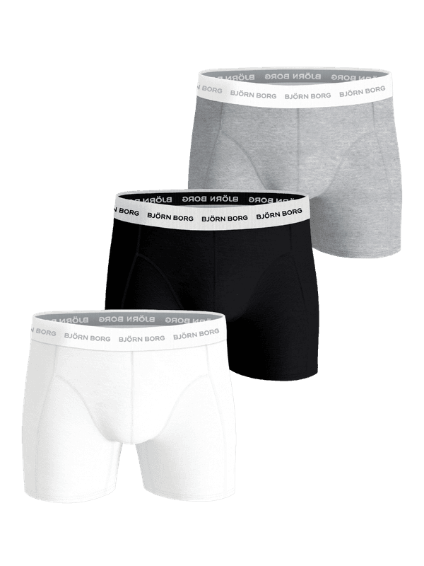 Cotton Stretch Boxers 3-pack i vitt, svart och melange med kontrasterande logotyp på den elastiska linningen.