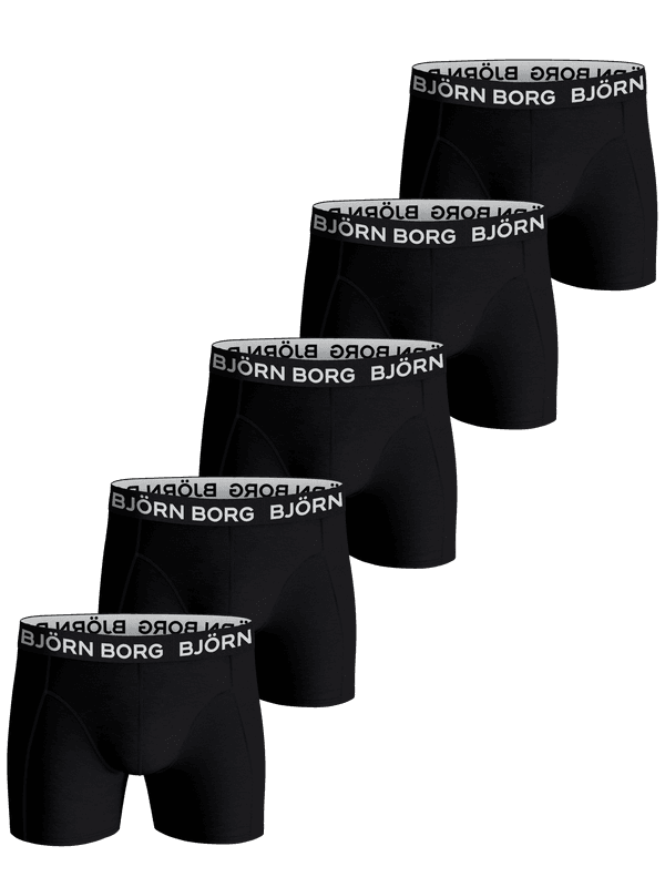 Cotton Stretch Boxers 5-pack för herr i svart bomullsstretch med vit logotyp på det elastiska midjebandet.