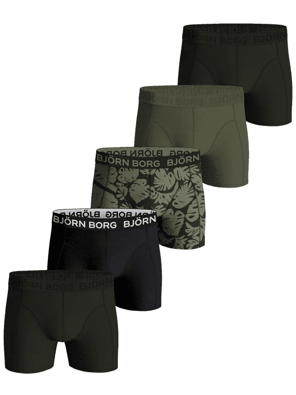 Cotton Stretch Boxers 5-pack for men featuring five cotton stretch boxer briefs in black, grey, green and leaf prints.