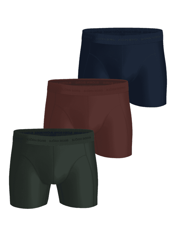 Microfiber Boxers 3-pack i Navy, Brown och Green med slät mikrofiber och ton-i-ton-logotyp på midjebandet.