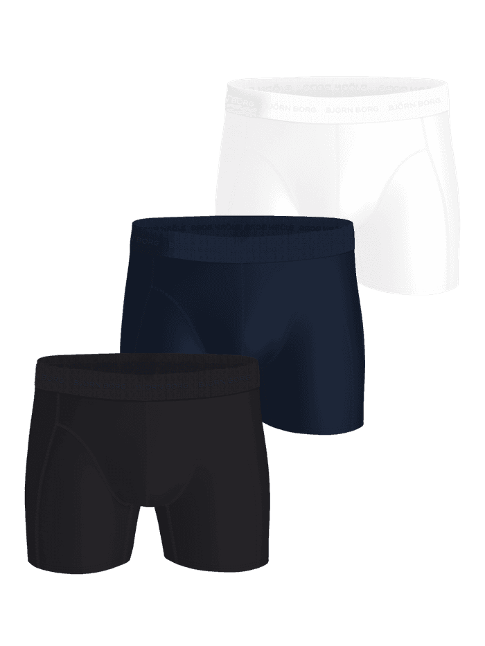 Front view of Microfiber Boxers 3-pack in white, navy blue, and black, featuring smooth microfiber boxer briefs for men.