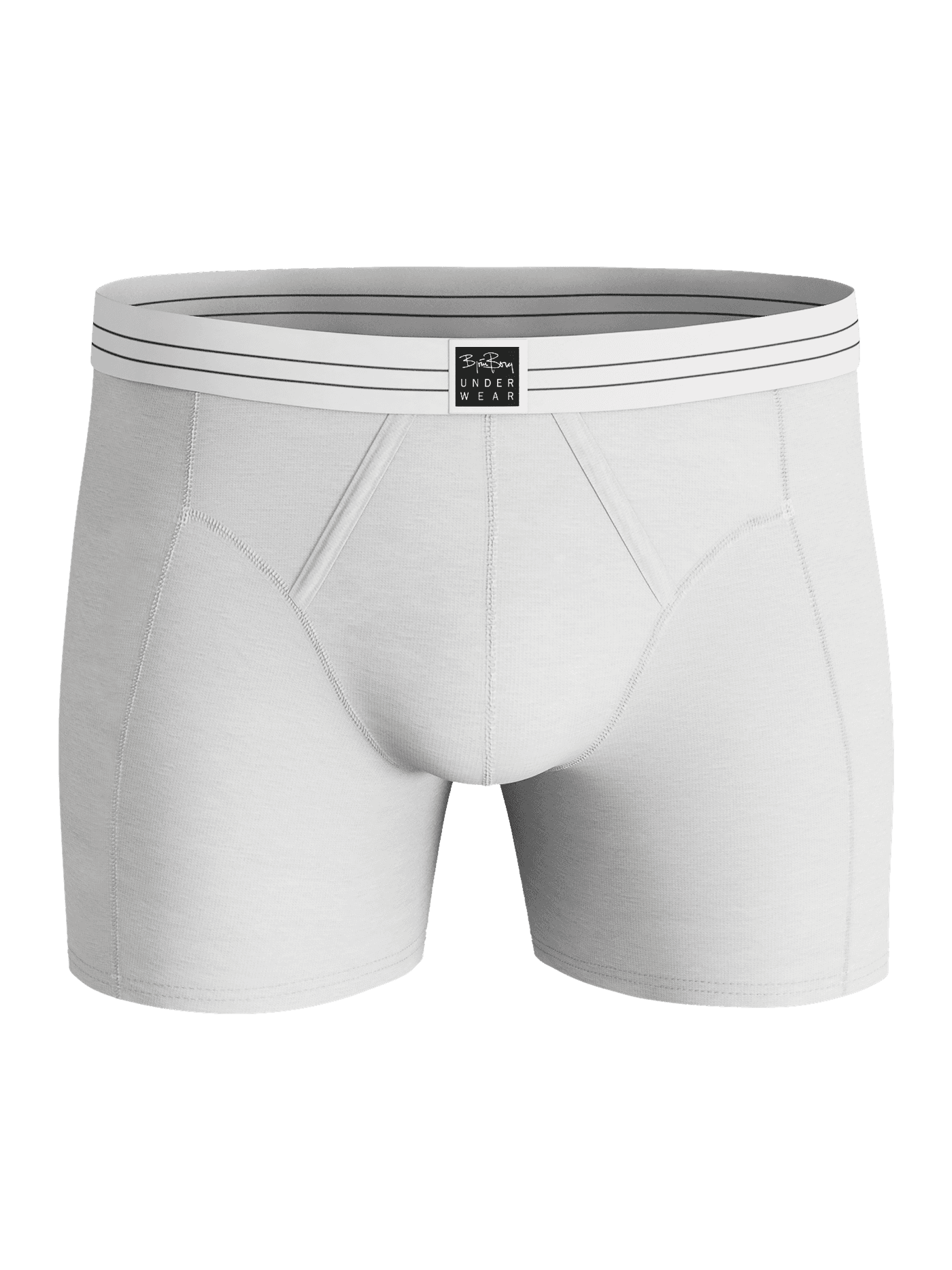 Front view of the Lenzing Ecovero Cotton Blend Boxers 2-pack in white and melange with a black logo and striped waistband. - Image 4