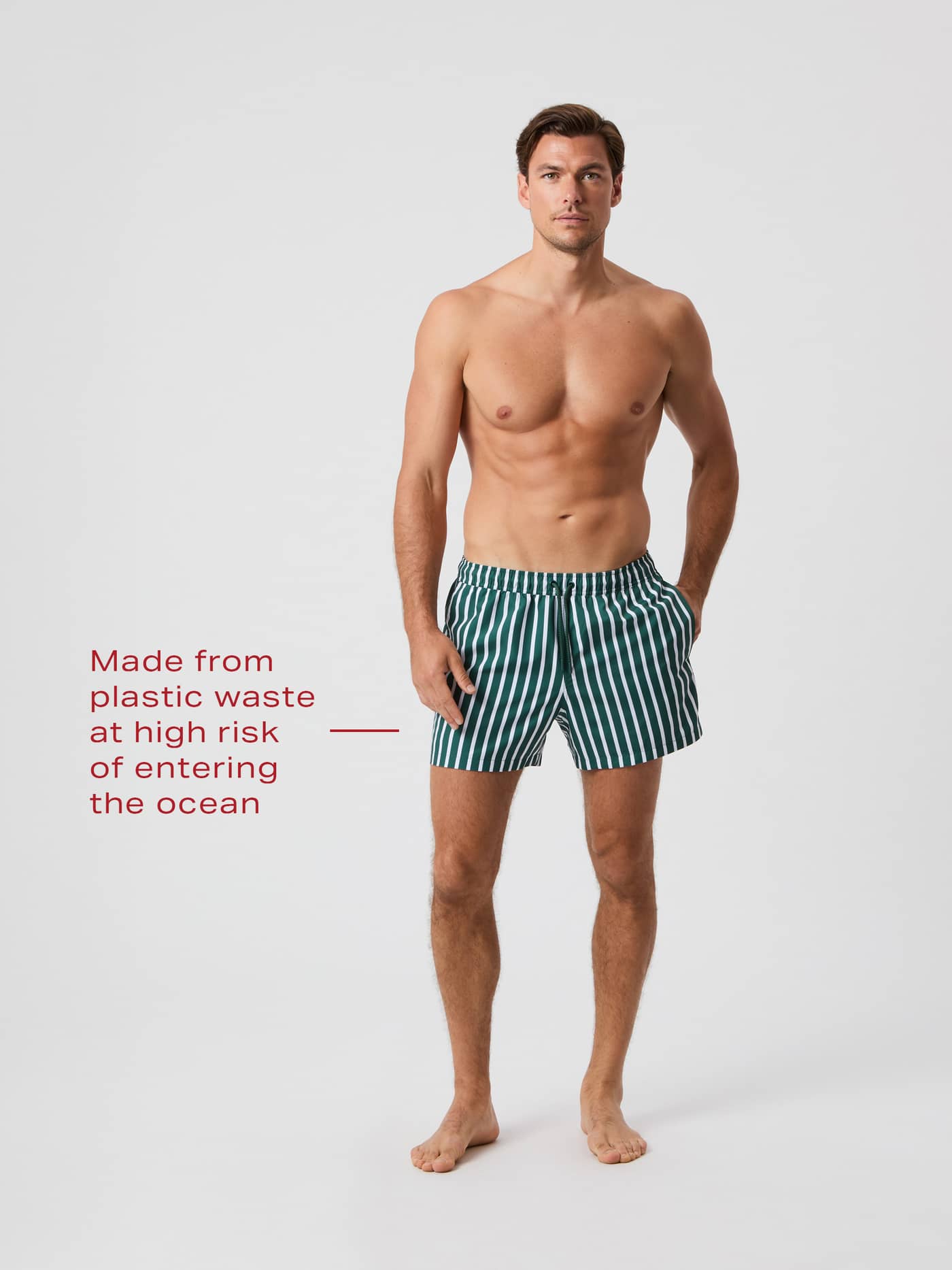 Borg Print Swim Shorts i Wide Stripe 2 (Grön) med vertikala ränder och lös passform på en man i helkroppsvy framifrån. - Image 1
