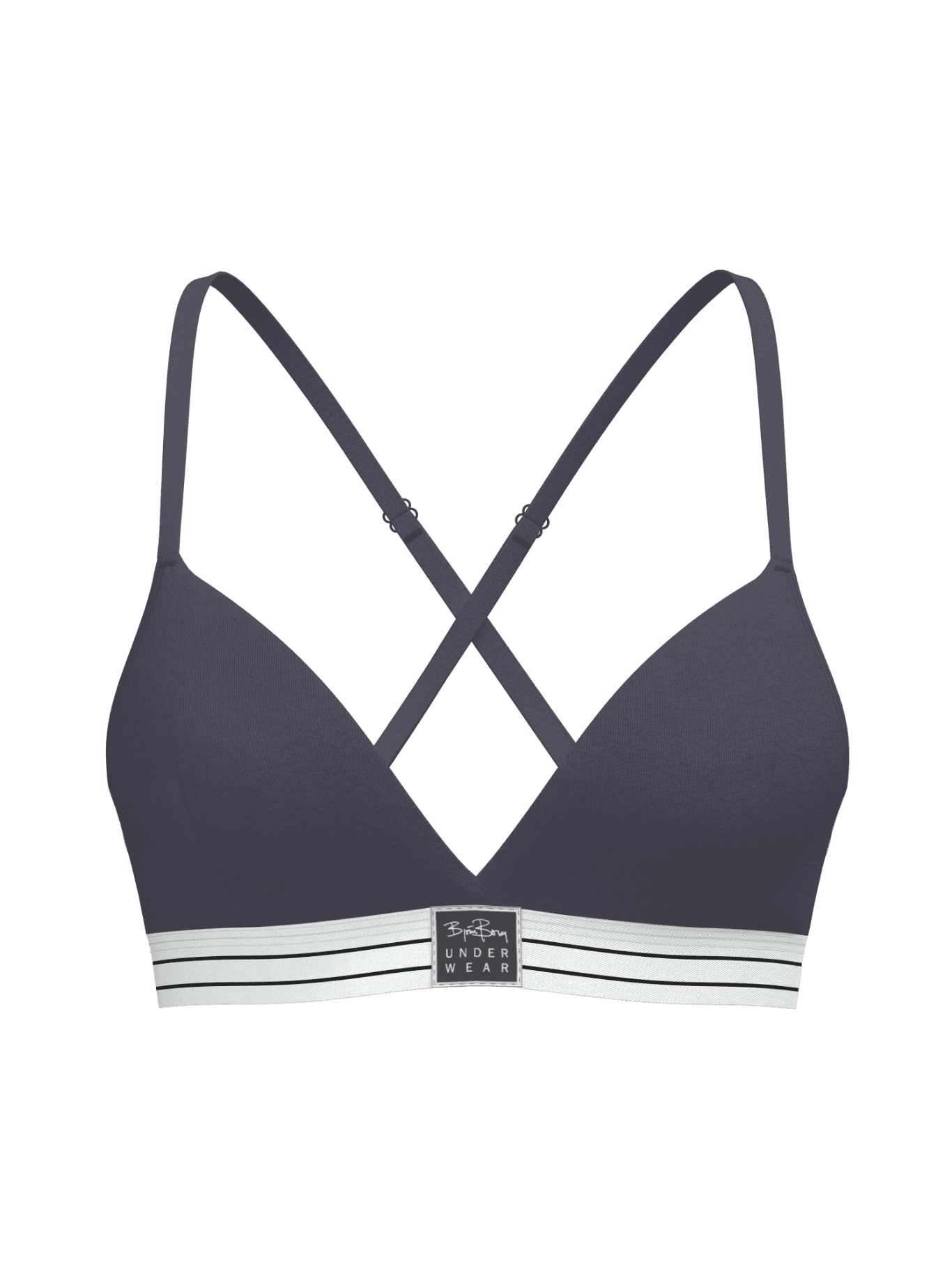 Navy Original Triangle Bra for women featuring organic cotton, adjustable cross straps and a black and white logo band. - Image 1
