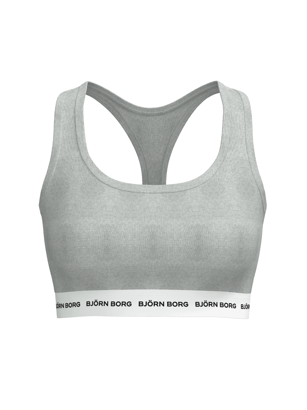 Front view of the Björn Borg Logo Soft Top in Grey, featuring a racerback design and white elastic with black logos. - Image 1