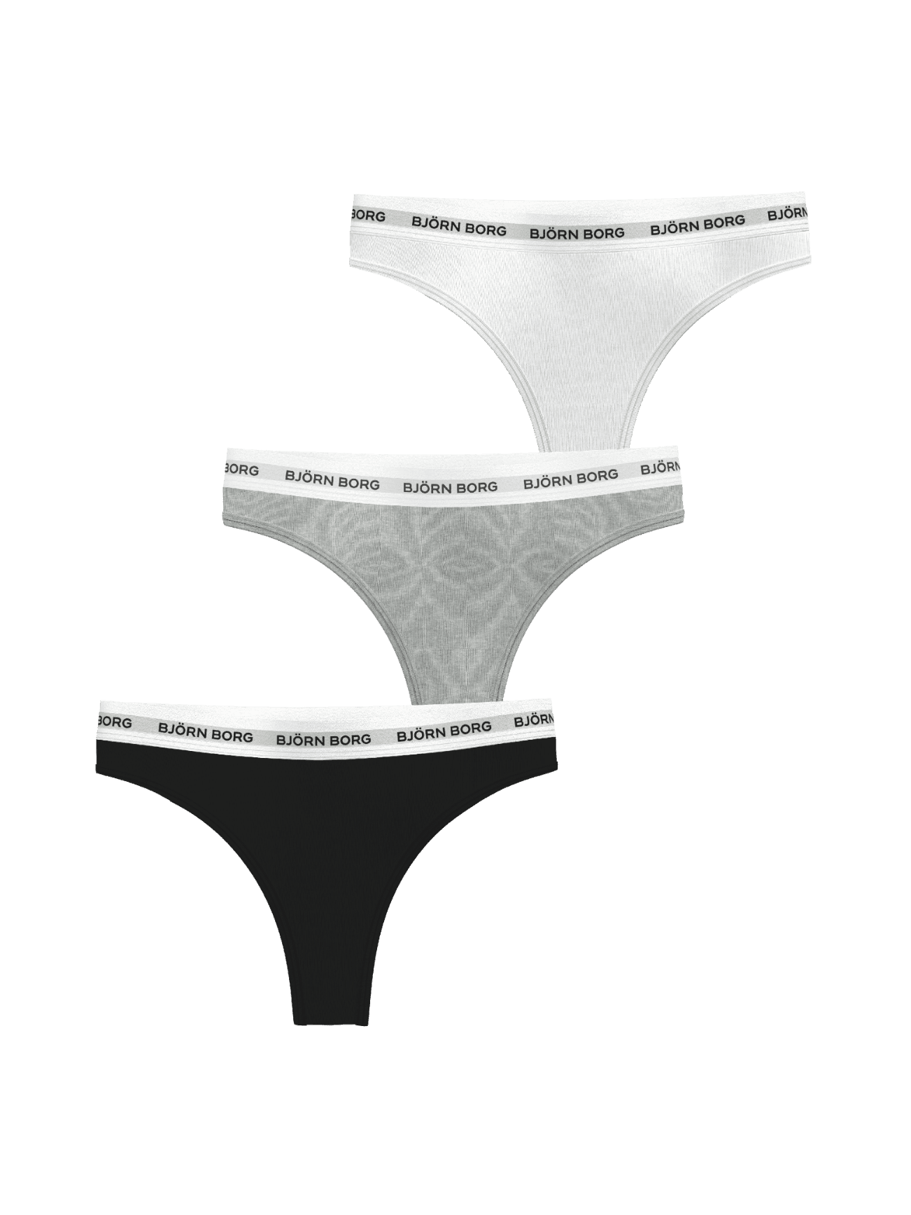 Logo Thongs 3-pack for women in black, white, and grey melange cotton stretch with a black logo on a white waistband. - Image 1
