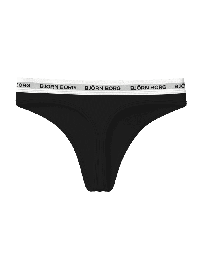 Zwarte Logo Thongs 3-pack voor dames in katoenen stretch, witte tailleband met zwart logo en strakke pasvorm, vooraanzicht. - Image 3