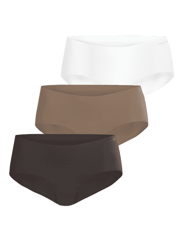 Invisible Hipsters 3-pack in white and brown, featuring seamless laser-cut edges for a smooth fit.