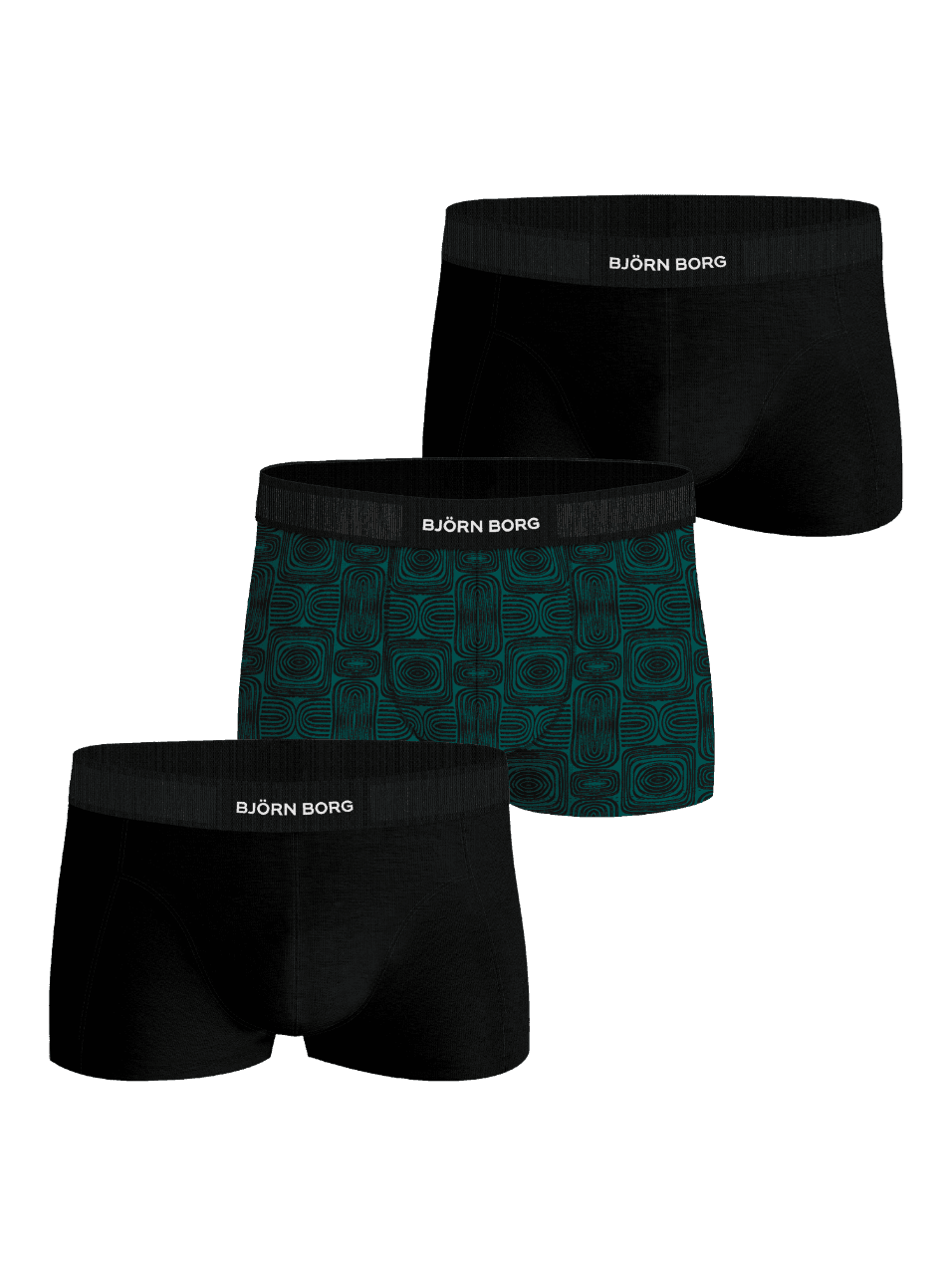 Organic Cotton Stretch Trunks 3-pack for men in black and teal geometric print with white logo waistbands. - Image 1