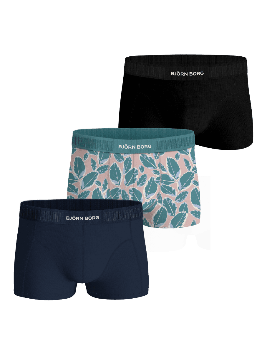Organic Cotton Stretch Trunks 3-pack in Multi, featuring blue, black, and leaf print with white logo waistbands. - Image 1