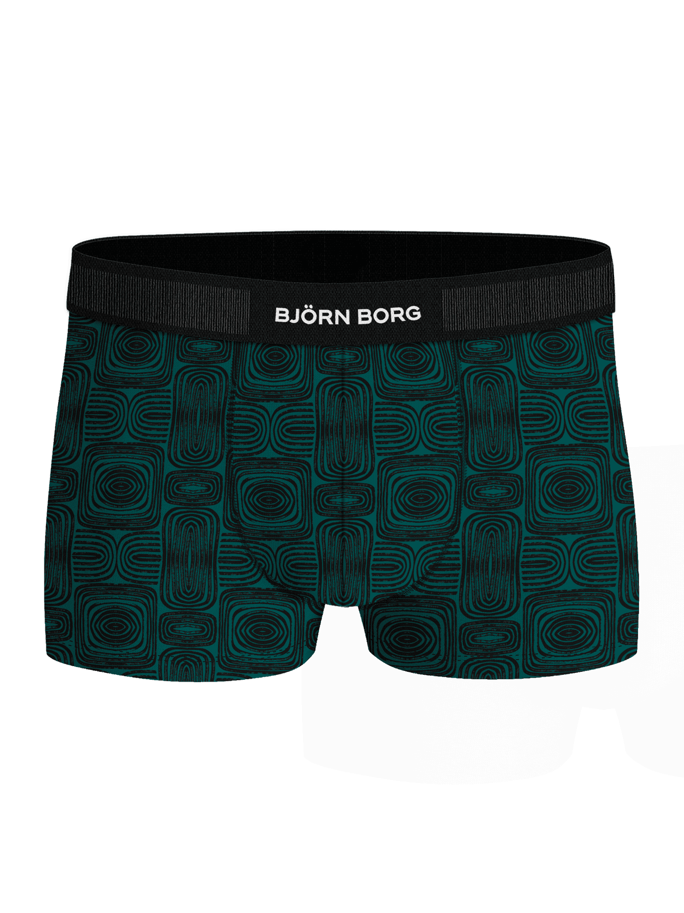Organic Cotton Stretch Trunks 3-pack i blågrønt geometrisk mønster med hvit logo på svart mikrofiberstrikk, sett forfra. - Image 4