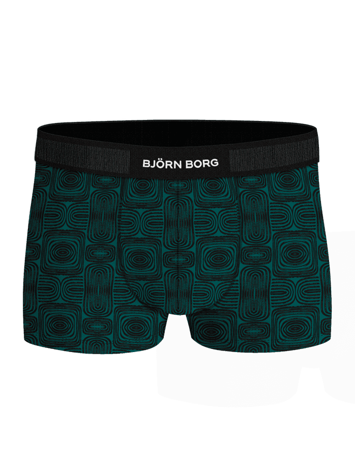 Vue de face du Shorty Organic Cotton Stretch 3-pack à imprimé géométrique bleu-vert, logo blanc et ceinture microfibre noire - Image 4