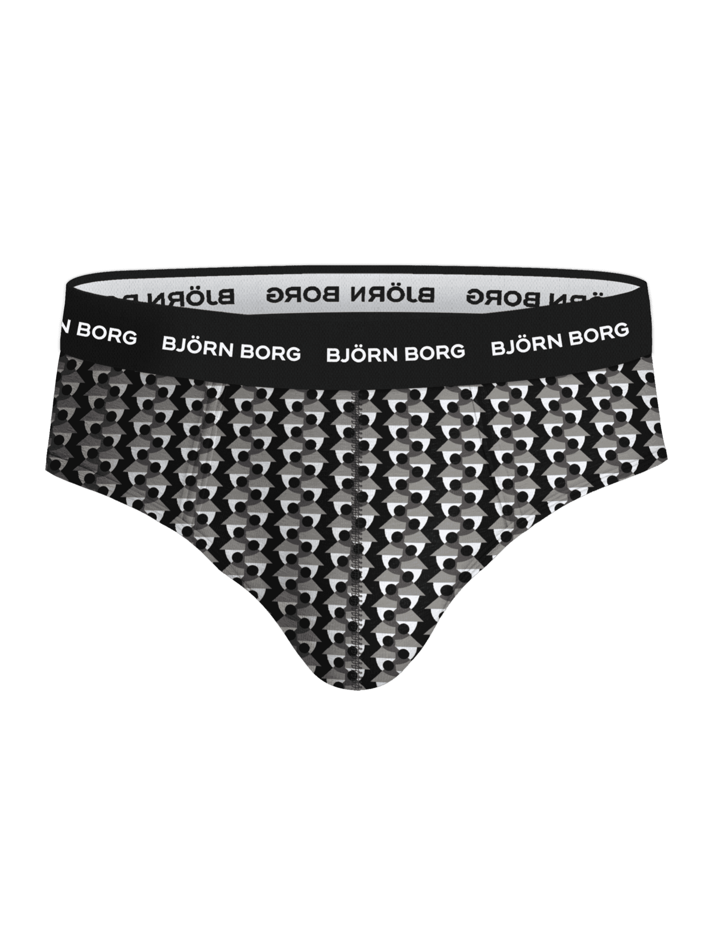 Front view of the printed Björn Borg Cotton Stretch Briefs 3-pack in black and grey with a white logo waistband. - Image 4