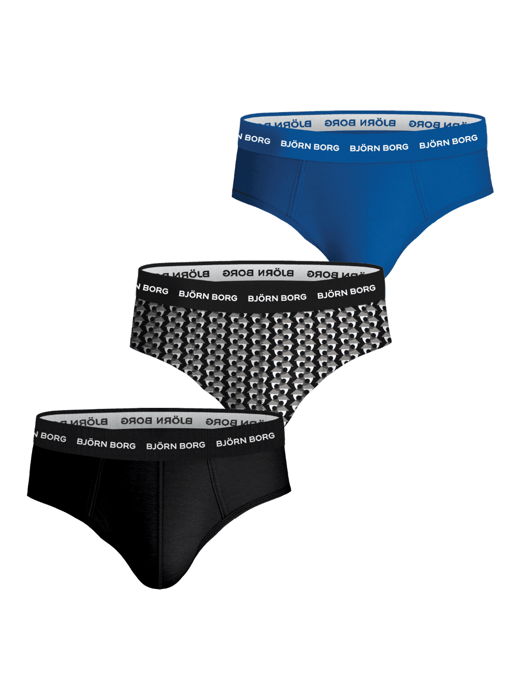Björn Borg Cotton Stretch Briefs 3-pack for men in black, blue, and a patterned print with a white logo waistband. - Image 1