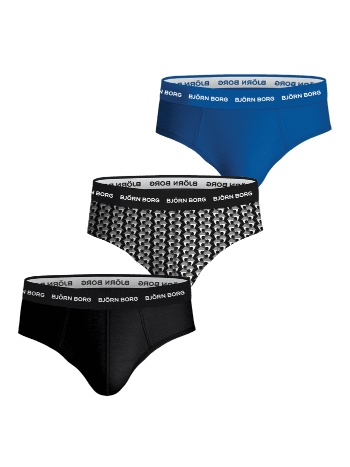 Cotton Stretch Briefs 3-pack för herrar i svart, blått och mönstrat i bomullsstretch med vit logotyp på midjeresåren.