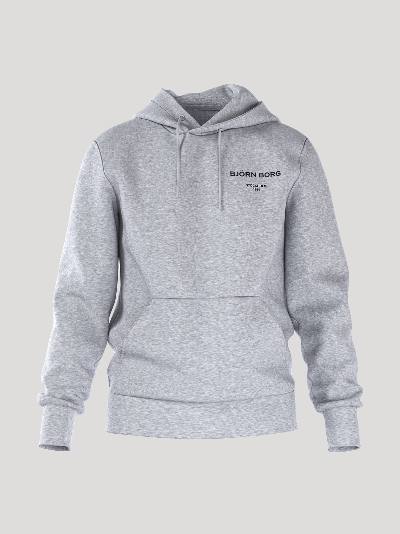 Front view of the men's Borg Essential 1 Hoodie in light grey melange. - Image 1
