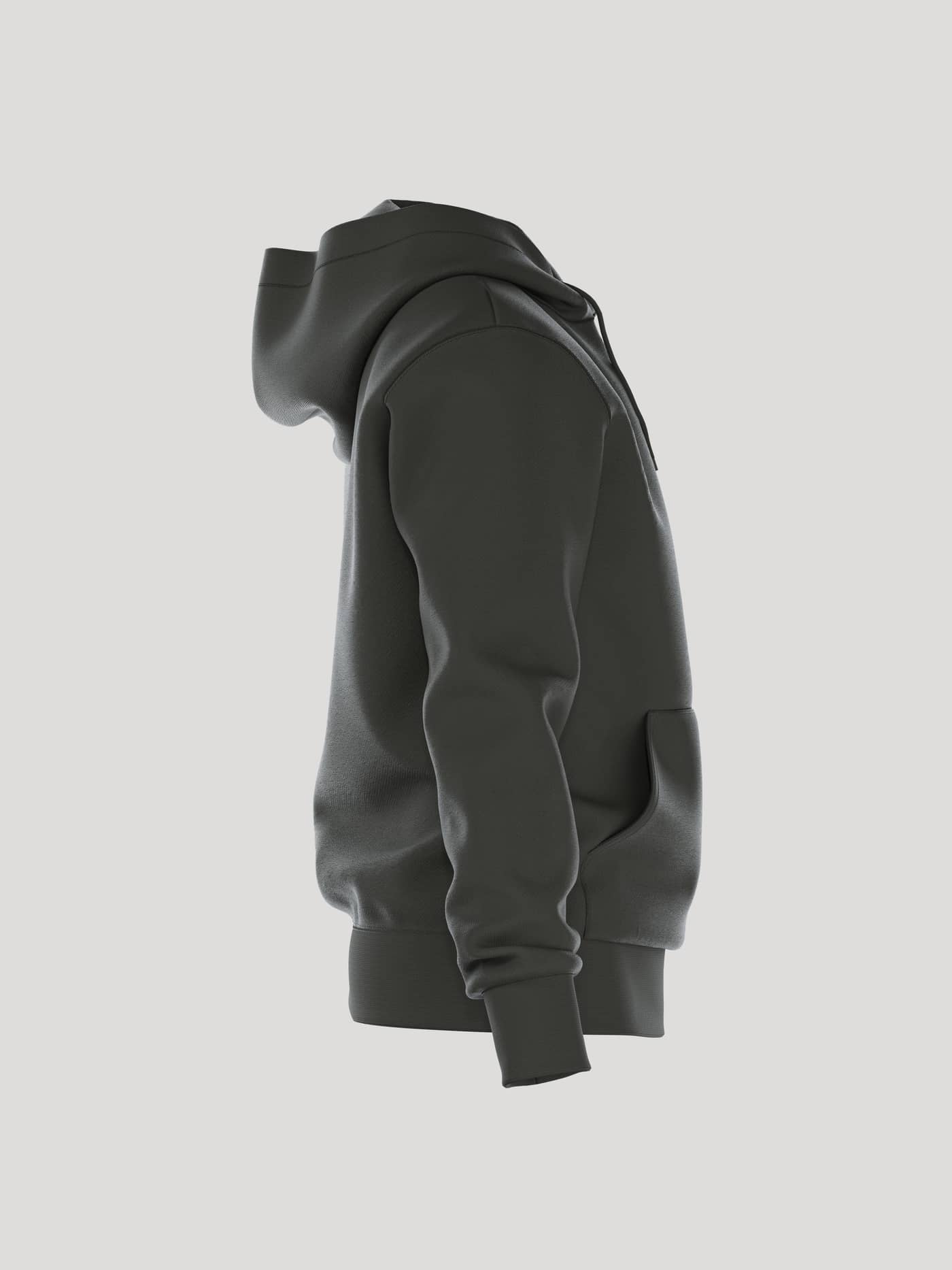 Side view of the men's Borg Essential 1 Hoodie in Peat, showcasing the hood and kangaroo pocket. - Image 2