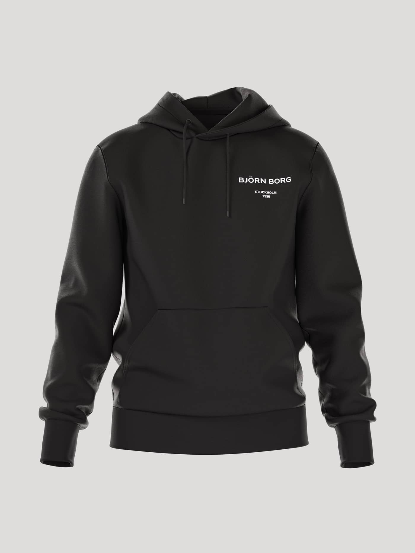 Front view of the men's Borg Essential 1 Hoodie in black, featuring a drawstring hood and kangaroo pocket. - Image 1