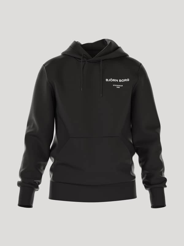 Front view of the men's Borg Essential 1 Hoodie in black, featuring a drawstring hood and kangaroo pocket.