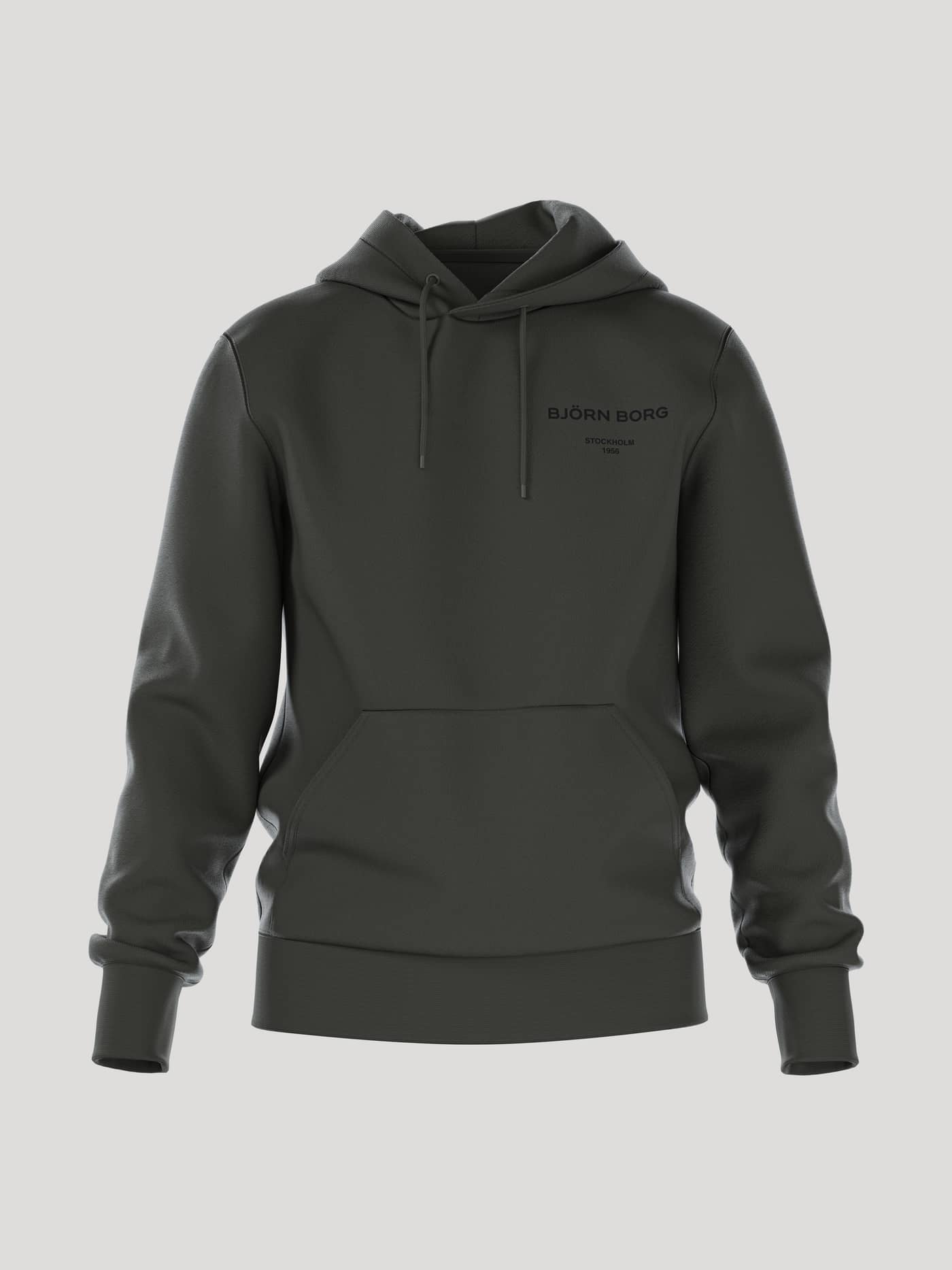 Front view of the men's Borg Essential 1 Hoodie in a dark peat green, isolated on a light grey background. - Image 1
