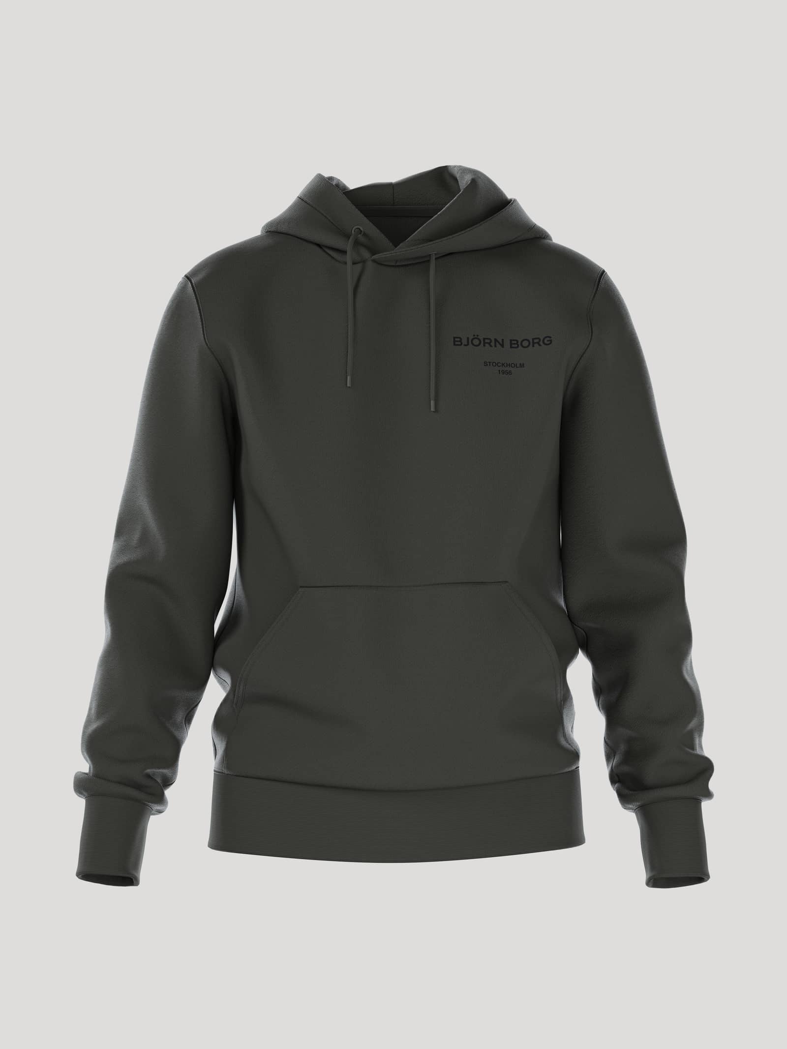 Front view of the men's Borg Essential 1 Hoodie in a dark peat green, isolated on a light grey background. - Image 1